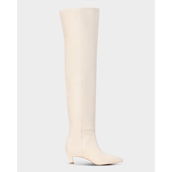Women White Polyurethane Over the Knee Square Toe Block Heel Long Zipper Boots - Picture 9 of 9
